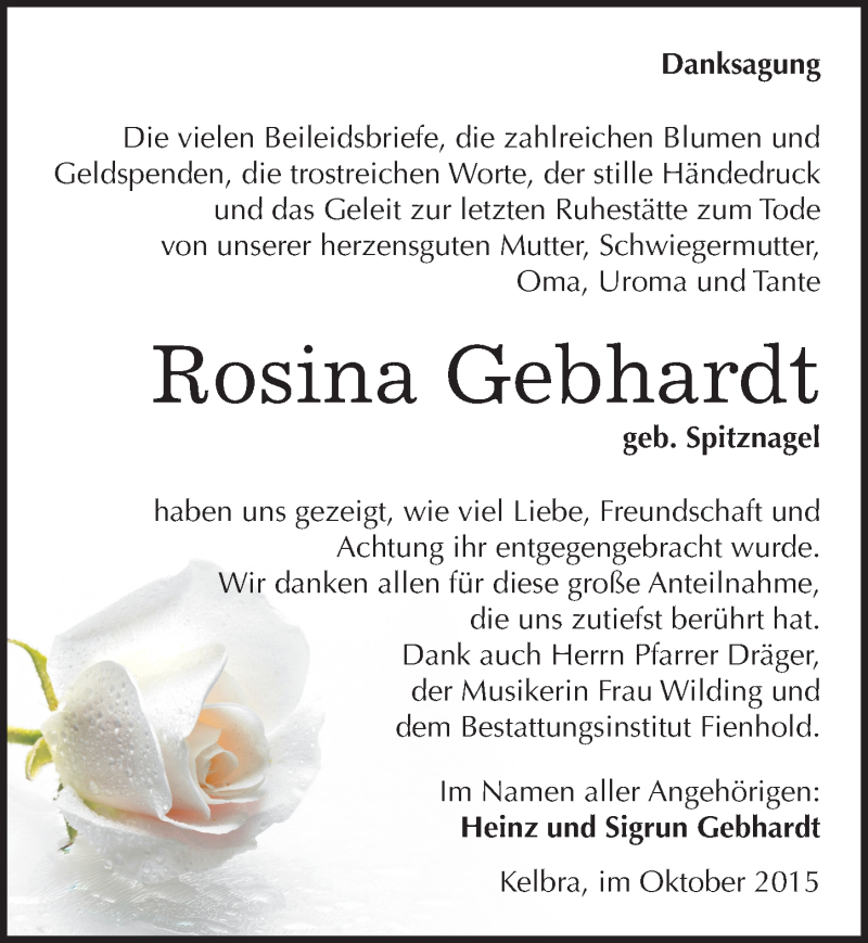  Traueranzeige für Rosina Gebhardt vom 30.10.2015 aus Mitteldeutsche Zeitung Sangerhausen