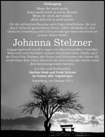 Traueranzeige von Johanna Stelzner von Mitteldeutsche Zeitung Naumburg/Nebra