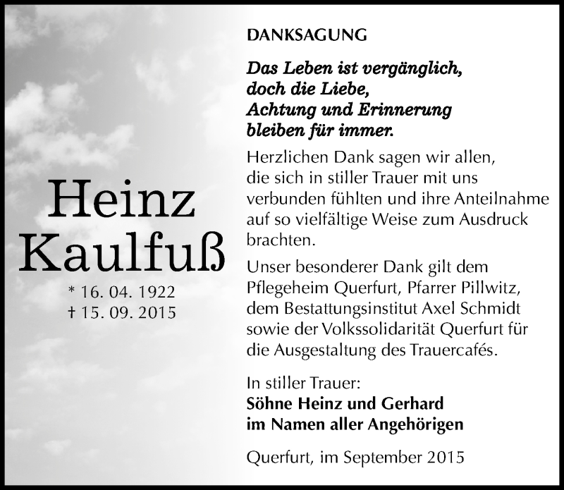  Traueranzeige für Heinz Kaulfuß vom 03.10.2015 aus Mitteldeutsche Zeitung Merseburg/Querfurt