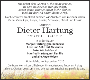 Traueranzeige von Dieter Hartung von WVG - Wochenspiegel Quedlinburg