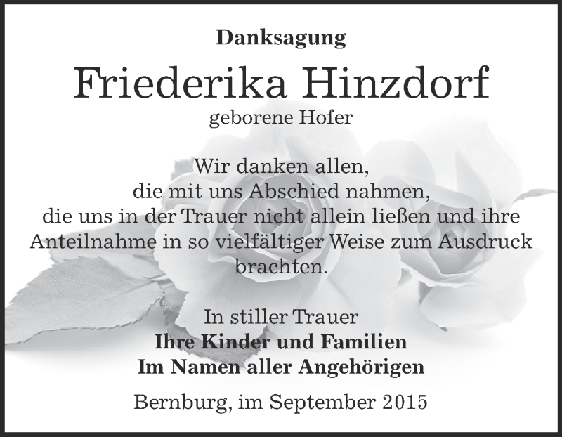  Traueranzeige für Friederika Hinzdorf vom 03.10.2015 aus Super Sonntag Bernburg