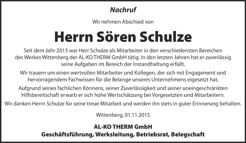 Traueranzeige für Sören Schulze vom 31.10.2015 aus WVG - Wochenspiegel Wittenberg