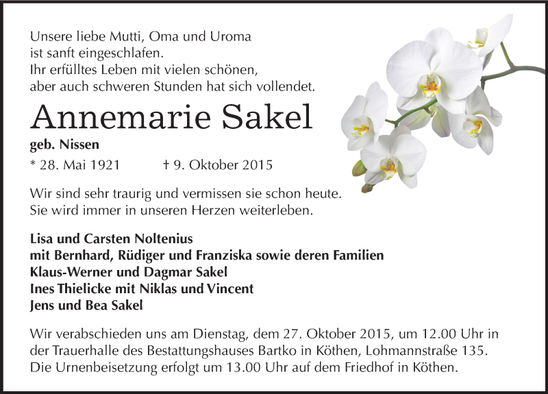  Traueranzeige für Annemarie Sakel vom 15.10.2015 aus Mitteldeutsche Zeitung Köthen