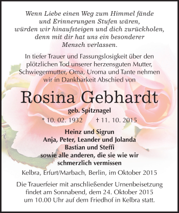 Traueranzeige von Rosina Gebhardt von Mitteldeutsche Zeitung Sangerhausen