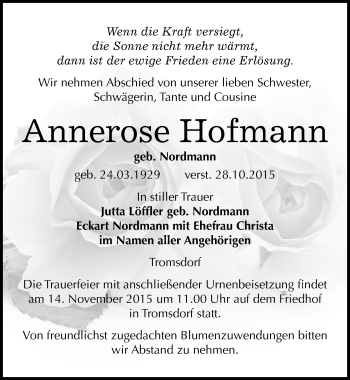 Traueranzeige von Annerose Hofmann von Mitteldeutsche Zeitung Naumburg/Nebra