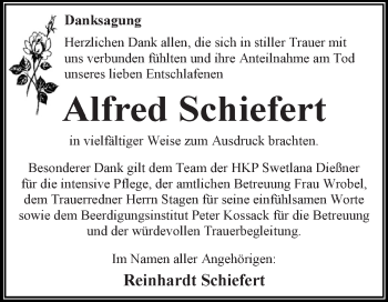 Traueranzeige von Alfred Schiefert von WVG - Wochenspiegel Dessau / Köthen