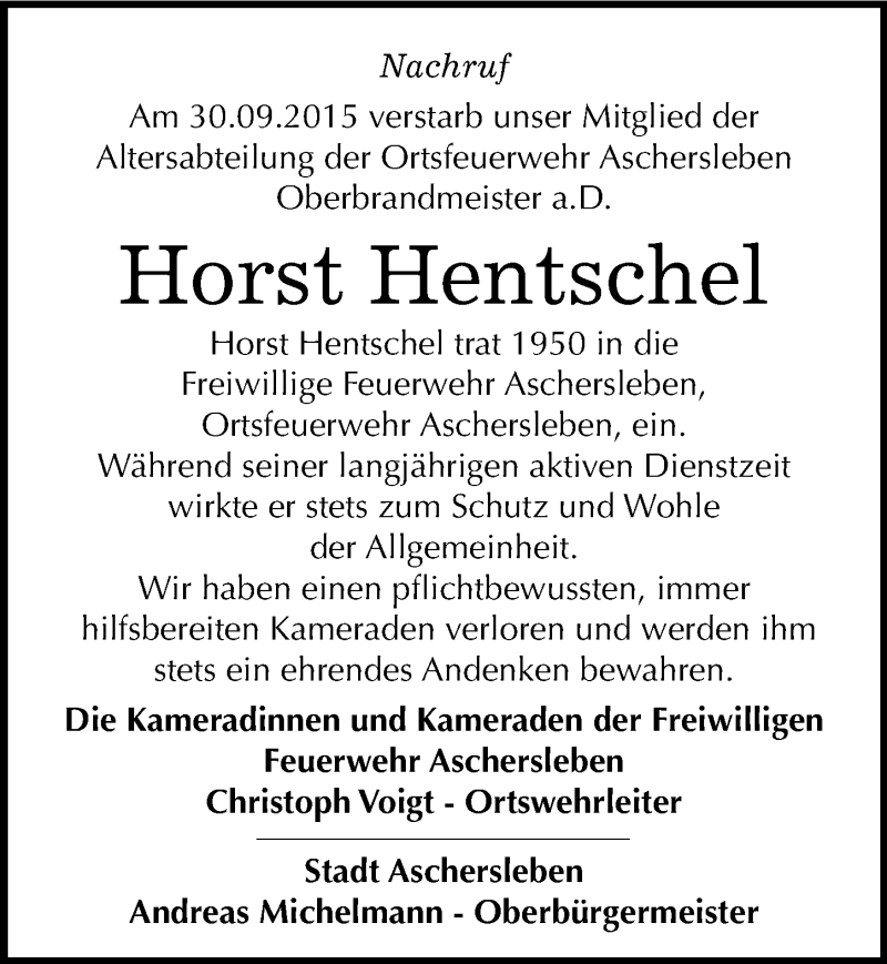  Traueranzeige für Horst Hentschel vom 13.10.2015 aus Mitteldeutsche Zeitung Aschersleben