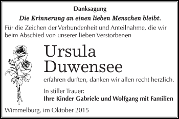 Traueranzeige von Ursula Duwensee von Wochenspiegel Mansfelder Land