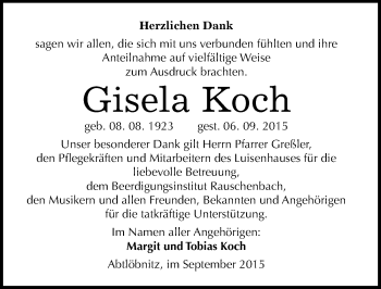 Traueranzeige von Gisela Koch von Mitteldeutsche Zeitung Naumburg/Nebra
