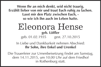 Traueranzeige von Eleonora Hense von Super Sonntag Bernburg