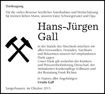 Traueranzeige von Hans-Jürgen Gall von Super Sonntag SGH Mansf. Land
