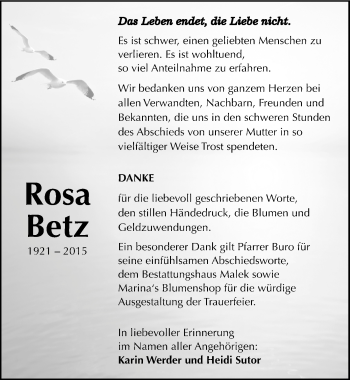 Traueranzeige von Rosa Betz von Mitteldeutsche Zeitung Quedlinburg