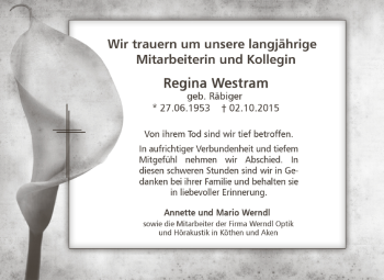 Traueranzeige von Regina Westram von WVG - Wochenspiegel Dessau / Köthen