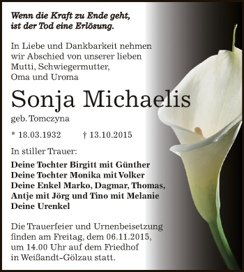 Traueranzeige von Sonja Michaelis von WVG - Wochenspiegel Dessau / Köthen