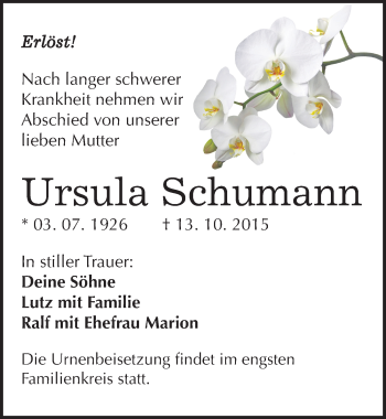 Traueranzeige von Ursula Schumann von Mitteldeutsche Zeitung Weißenfels