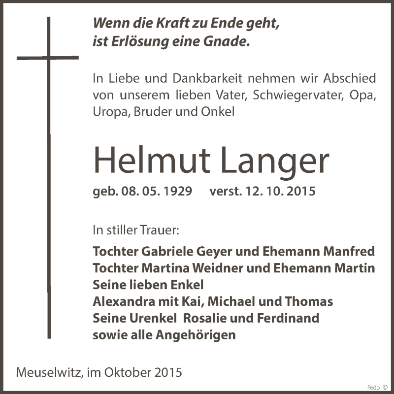  Traueranzeige für Helmut Langer vom 17.10.2015 aus Super Sonntag Zeitz