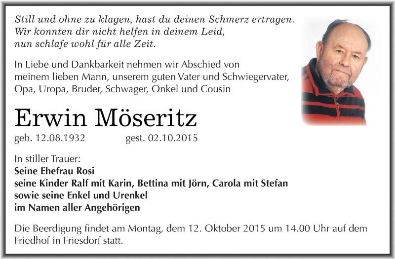  Traueranzeige für Erwin Möseritz vom 10.10.2015 aus Super Sonntag SGH Mansf. Land