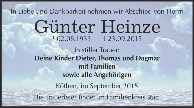  Traueranzeige für Günter Heinze vom 03.10.2015 aus WVG - Wochenspiegel Dessau / Köthen