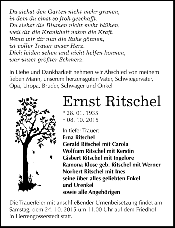 Traueranzeige von Ernst Ritschel von Mitteldeutsche Zeitung Naumburg/Nebra
