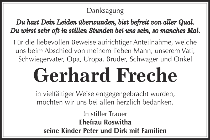  Traueranzeige für Gerhard Freche vom 03.10.2015 aus Super Sonntag Zeitz