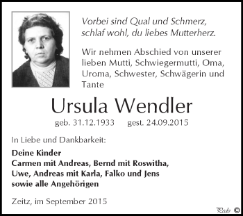 Traueranzeige von Ursula Wendler von Super Sonntag Zeitz