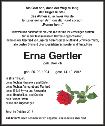 Traueranzeige von Erna Gertler von Mitteldeutsche Zeitung Zeitz