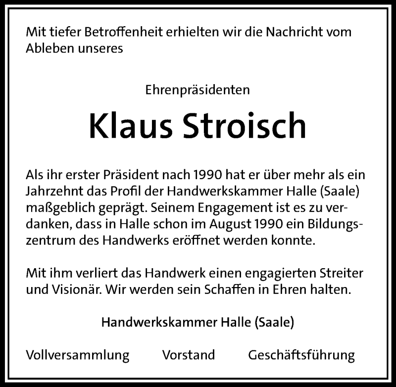  Traueranzeige für Klaus Stroisch vom 03.10.2015 aus Mitteldeutsche Zeitung
