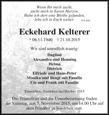 Traueranzeige von Eckehard Kelterer von Super Sonntag Aschersleben