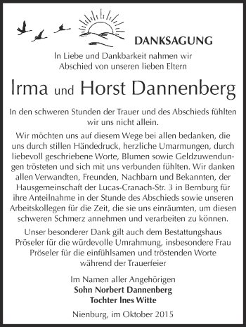 Traueranzeige von lrma und Horst Dannenberg von Super Sonntag Bernburg