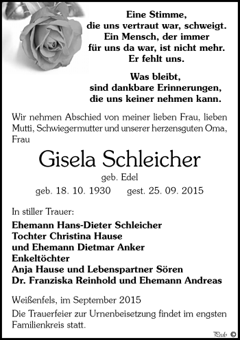 Traueranzeige von Gisela Schleicher von Mitteldeutsche Zeitung Weißenfels