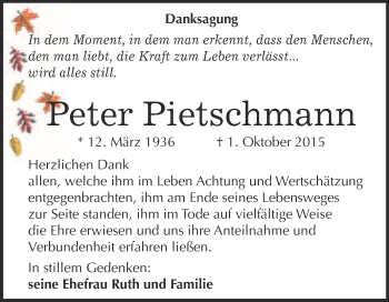 Traueranzeige von Peter Pietschmann von WVG - Wochenspiegel NMB / WSF / ZTZ