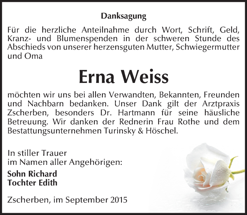  Traueranzeige für Erna Weiss vom 03.10.2015 aus Mitteldeutsche Zeitung Halle/Saalkreis