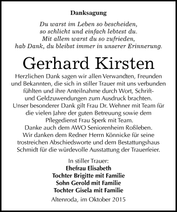 Traueranzeige von Gerhard Kirsten von Mitteldeutsche Zeitung Naumburg/Nebra