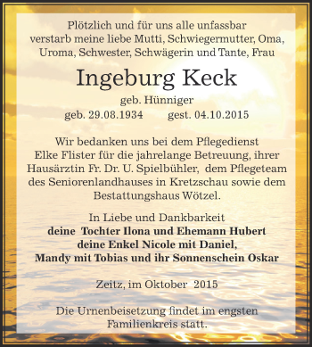 Traueranzeige von Ingeburg Keck von Super Sonntag Zeitz