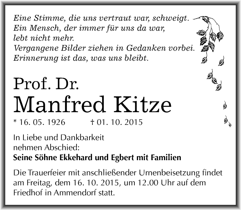  Traueranzeige für Manfred Kitze vom 10.10.2015 aus Mitteldeutsche Zeitung Halle/Saalkreis