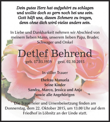 Traueranzeige von Detlef Behrend von WVG - Wochenspiegel Dessau / Köthen