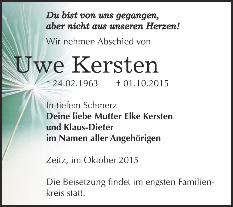  Traueranzeige für Uwe Kersten vom 10.10.2015 aus Super Sonntag Zeitz