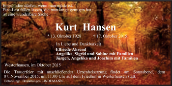 Traueranzeige von Kurt Hansen von Mitteldeutsche Zeitung Quedlinburg