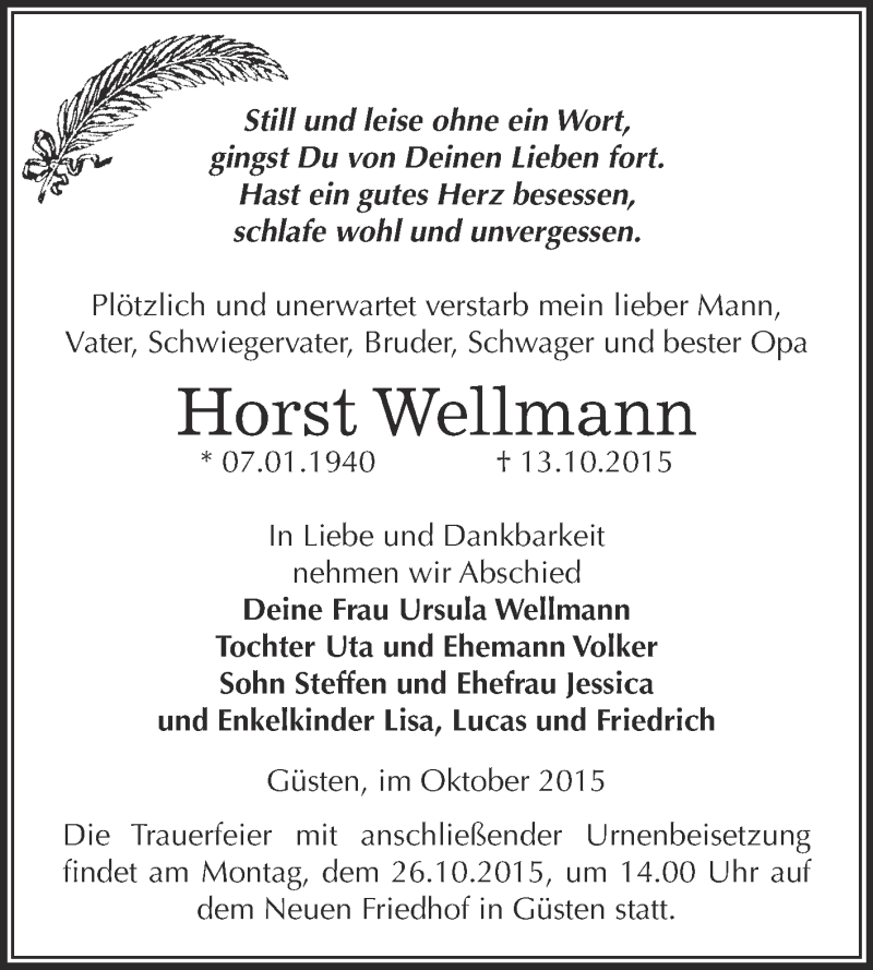  Traueranzeige für Horst Wellmann vom 24.10.2015 aus Super Sonntag Bernburg