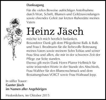 Traueranzeige von Heinz Jäsch von Super Sonntag SGH Mansf. Land