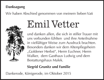 Traueranzeige von Emil Vetter von WVG - Wochenspiegel Quedlinburg