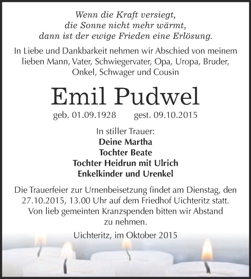  Traueranzeige für Emil Pudwel vom 21.10.2015 aus WVG - Wochenspiegel NMB / WSF / ZTZ