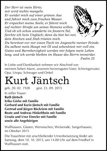 Traueranzeige von Kurt Jäntsch von Mitteldeutsche Zeitung Sangerhausen