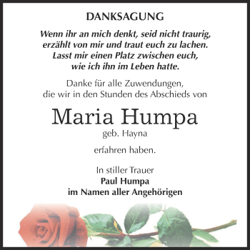 Traueranzeige von Maria Humpa von Super Sonntag SGH Mansf. Land