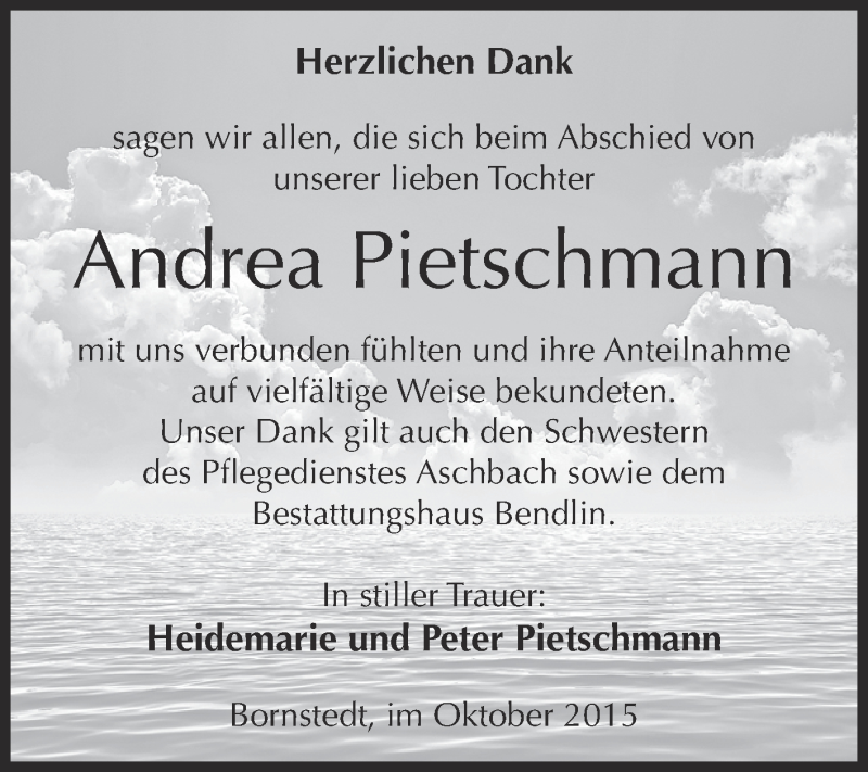  Traueranzeige für Andrea Pietschmann vom 17.10.2015 aus Super Sonntag SGH Mansf. Land