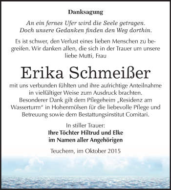 Traueranzeige von Erika Schmeißer von WVG - Wochenspiegel NMB / WSF / ZTZ