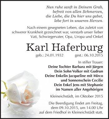 Traueranzeige von Karl Haferburg von Mitteldeutsche Zeitung Merseburg/Querfurt