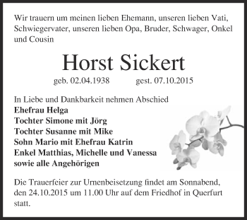Traueranzeige von Horst Sickert von WVG - Wochenspiegel Merseburg