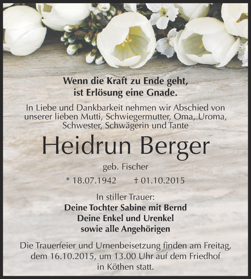  Traueranzeige für Heidrun Berger vom 10.10.2015 aus WVG - Wochenspiegel Dessau / Köthen