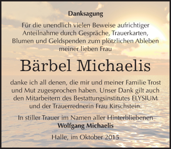 Traueranzeige von Bärbel Michaelis von Mitteldeutsche Zeitung Halle/Saalkreis
